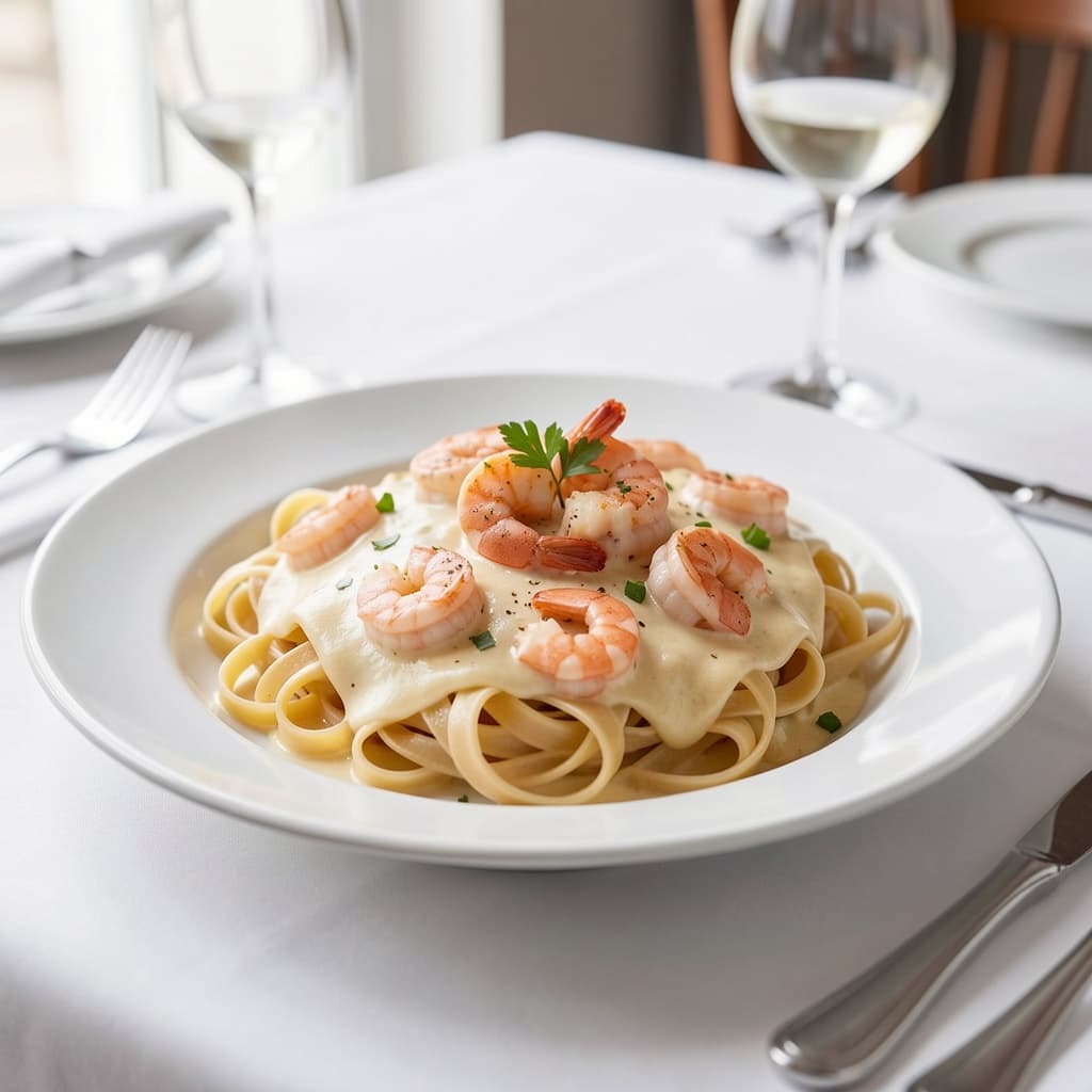 Shrimp Alfredo over Linguine